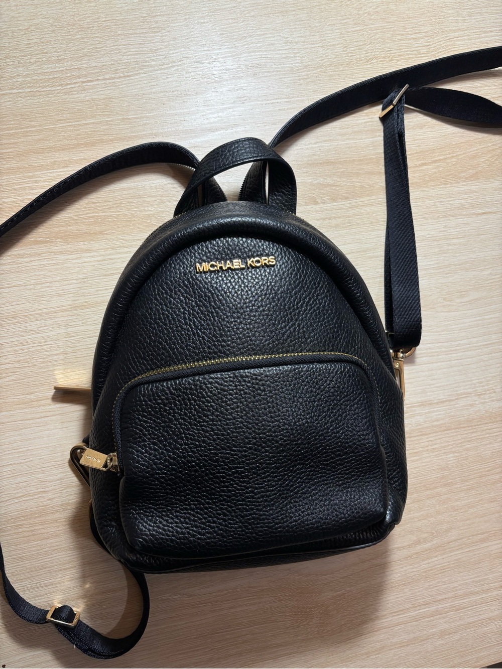 Michael Kors Black Pebbled Leather Mini Backpack with Gold Accents